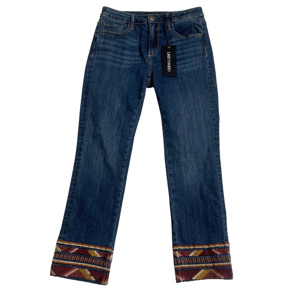 Driftwood Colette Dark Wash Embroidered Cuff Straight Leg Jeans NWT Size 27
